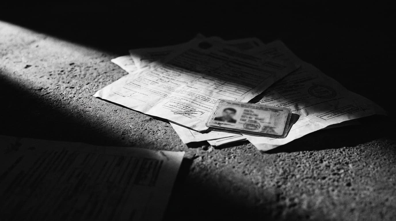 Documentos de candidatura de emprego sobre superfície de betão com iluminação lateral dramática — estilo noir