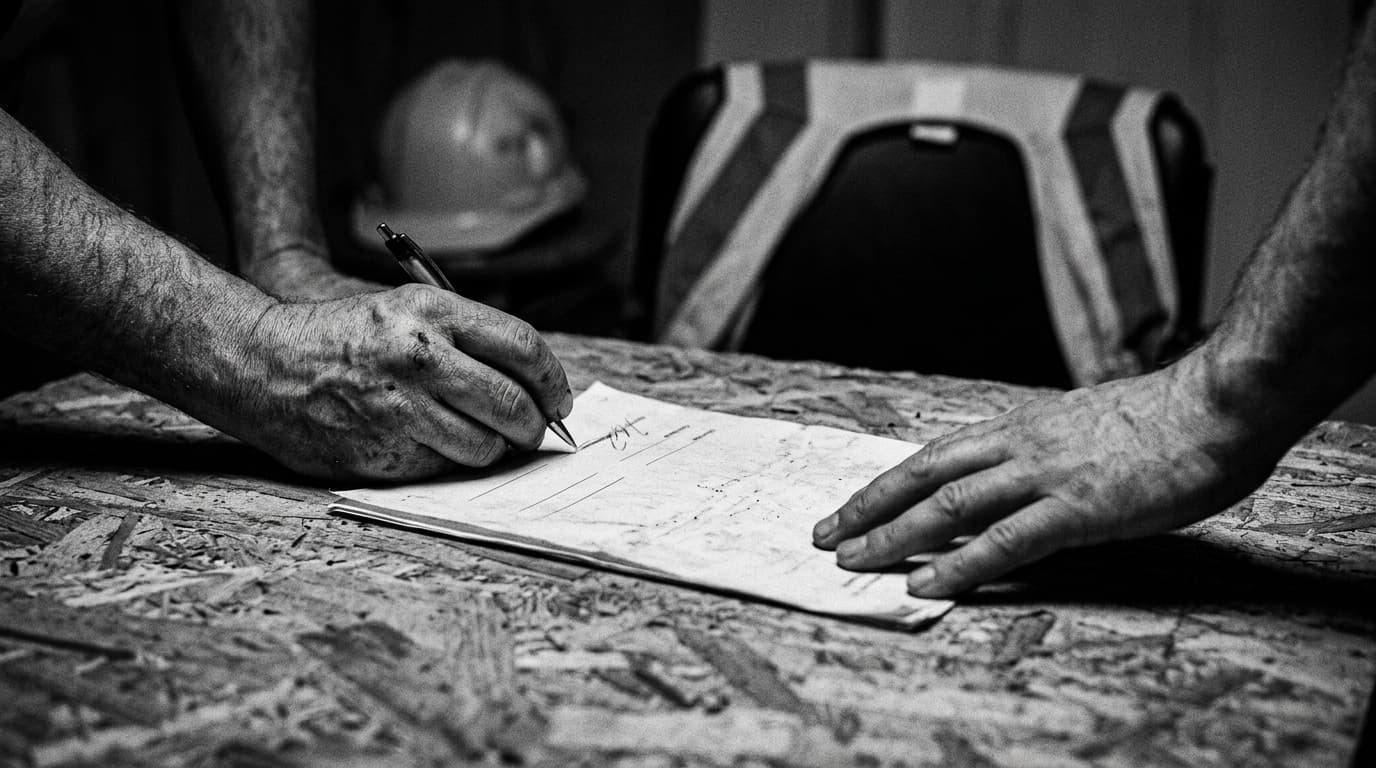 Duas mãos sobre um contrato de trabalho em mesa de estaleiro, candeeiro de obra, fotografia a preto e branco
