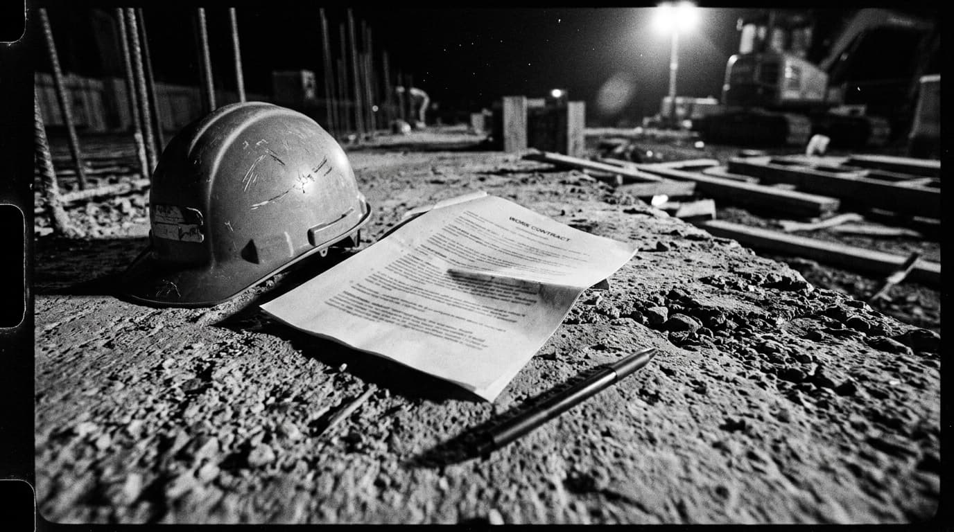 Documento de contrato de trabalho sobre superfície de betão áspera em estaleiro — ambiente noir de obra