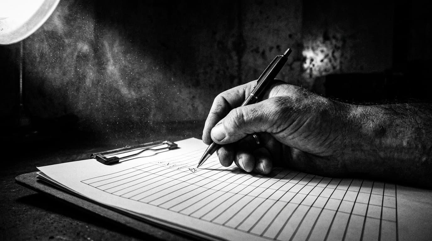 Mão de trabalhador a assinar folha de ponto num estaleiro, luz dura lateral, poeira no ar