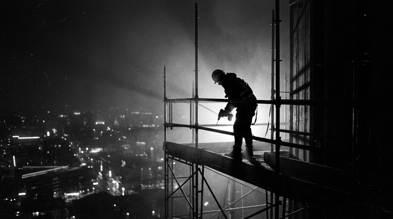 Trabalhador da construção civil silhuetado num andaime, a trabalhar de noite sob um foco de luz