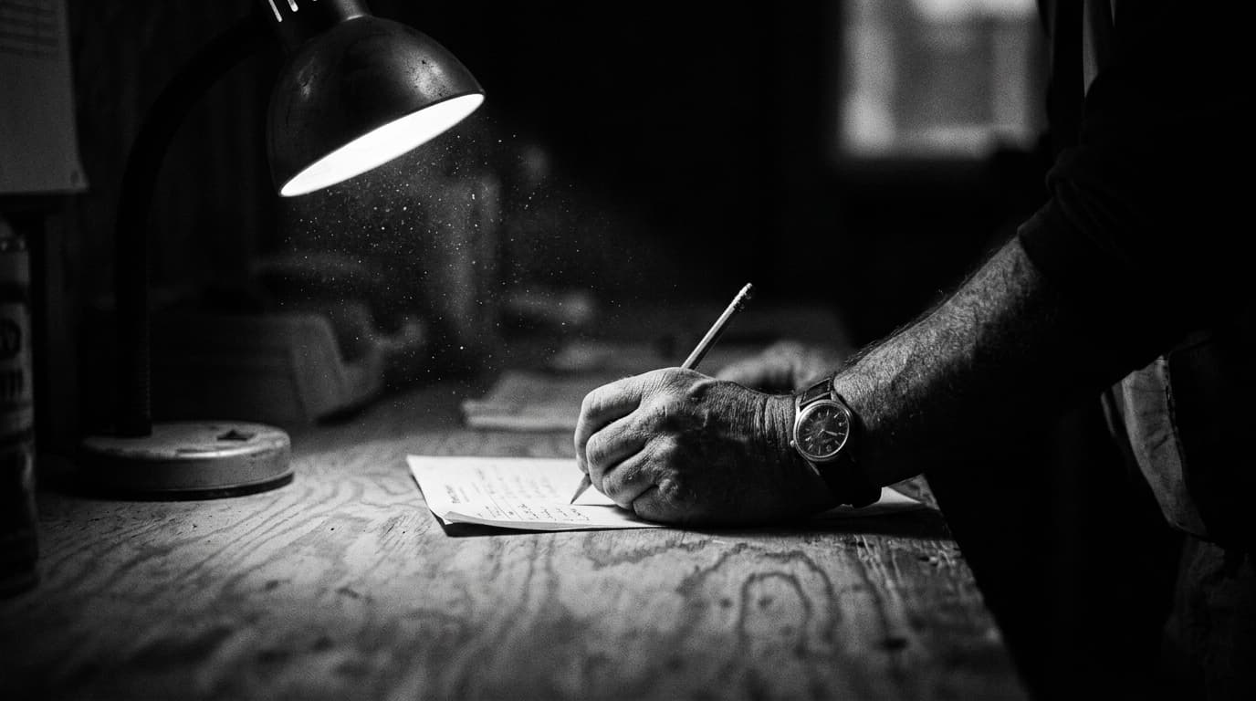 Mão de um trabalhador a registar horas numa folha de ponto de papel, sob um foco de luz de trabalho
