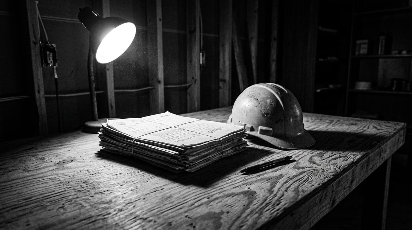 Documentos oficiais empilhados e capacete de segurança sobre uma secretária de contraplacado, sob luz de candeeiro de trabalho