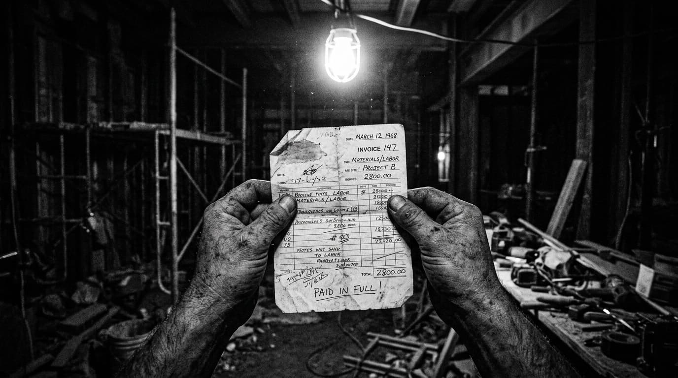 Mãos calejadas segurando uma fatura manuscrita sob lâmpada de obra, sombras profundas