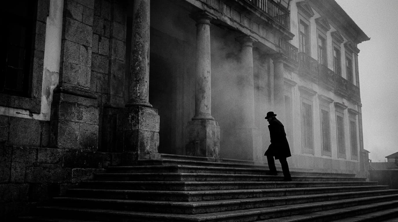 Fachada de uma câmara municipal portuguesa ao anoitecer, com neblina e uma figura a subir as escadas