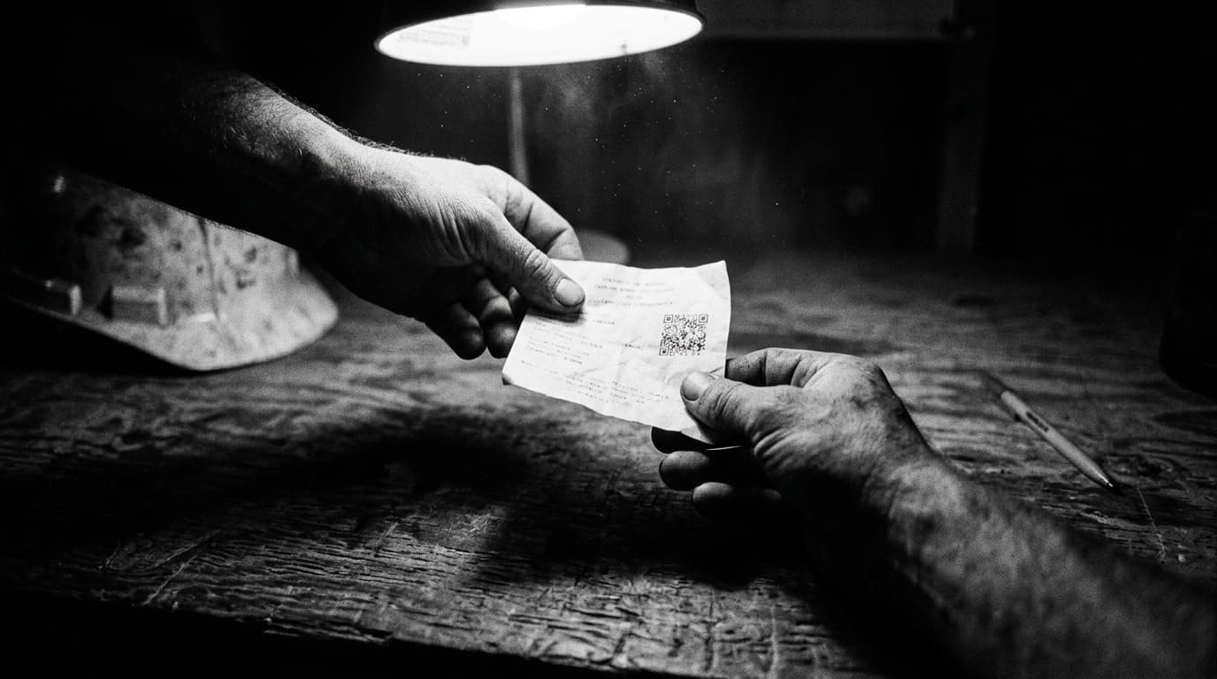 Mãos a segurar um documento com código QR numa mesa de estaleiro, luz de candeeiro de trabalho