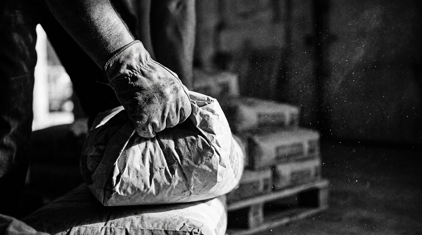 Close-up de mão de trabalhador a levantar um saco de cimento de uma palete, em contraluz