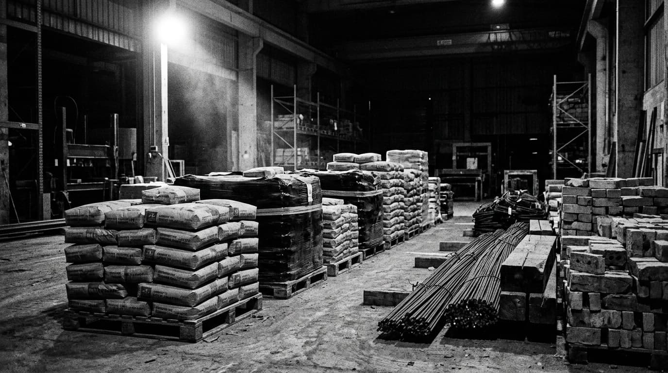 Sacos de cimento e materiais de construção empilhados num armazém, iluminados por um único feixe de luz