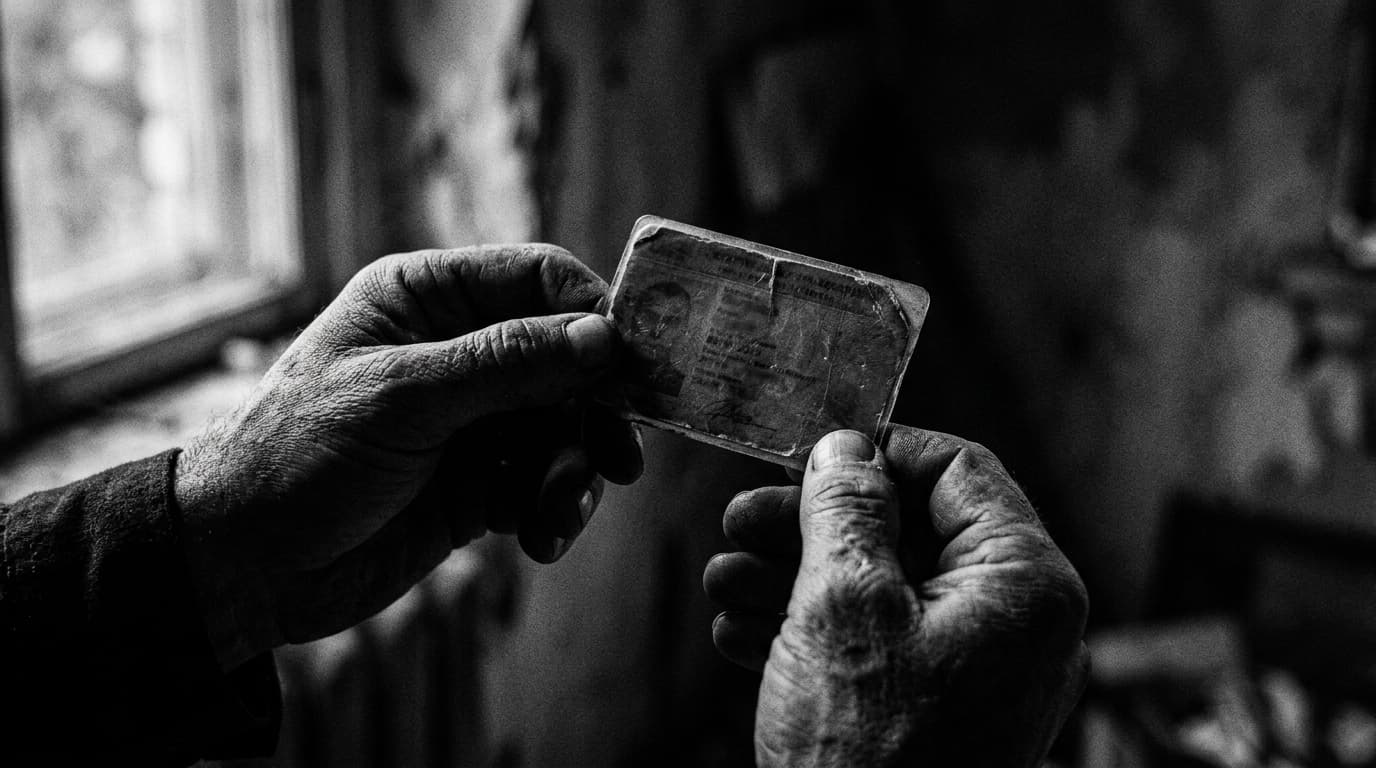 Mãos a segurar um cartão de plástico expirado contra a luz de uma janela, fotografia a preto e branco