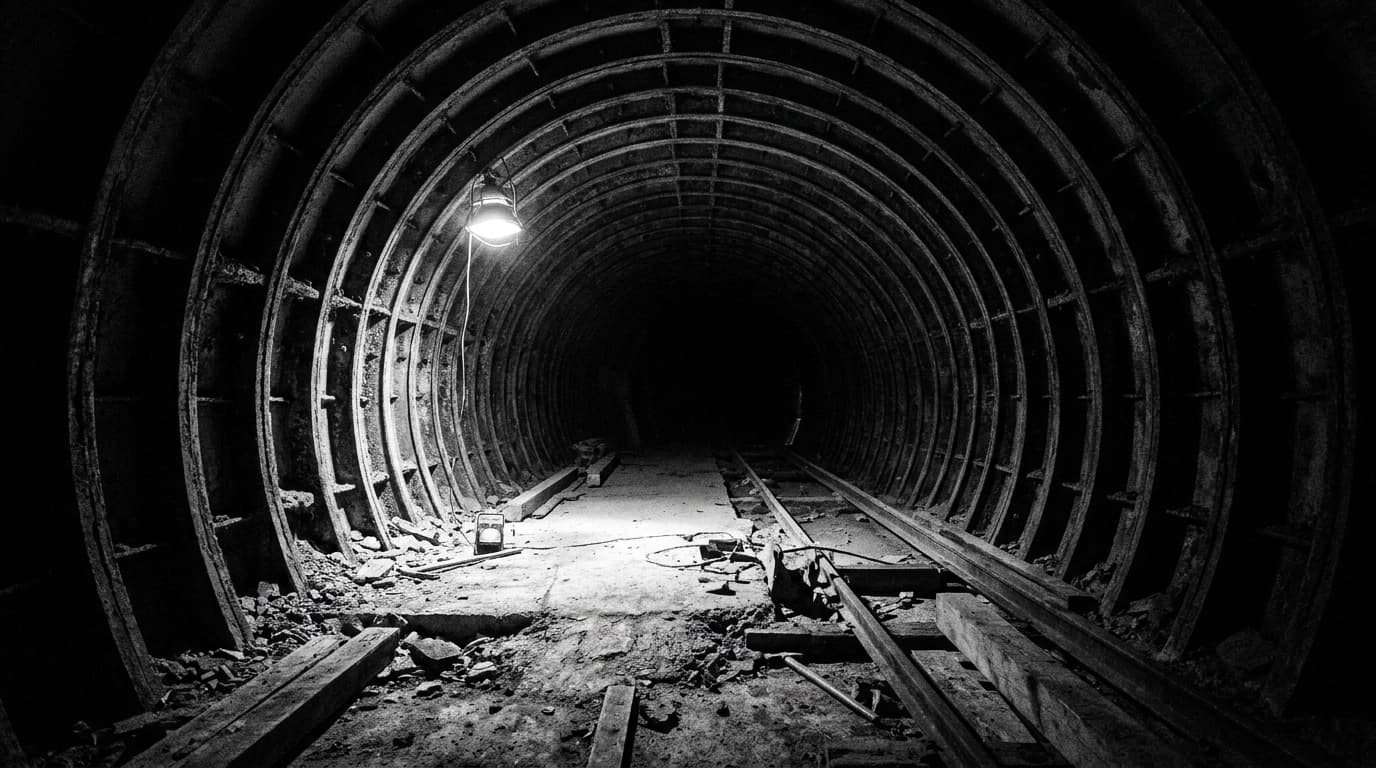 Túnel de metro em construção — arcos de reforço metálico recuando na escuridão, holofote industrial iluminando o chão
