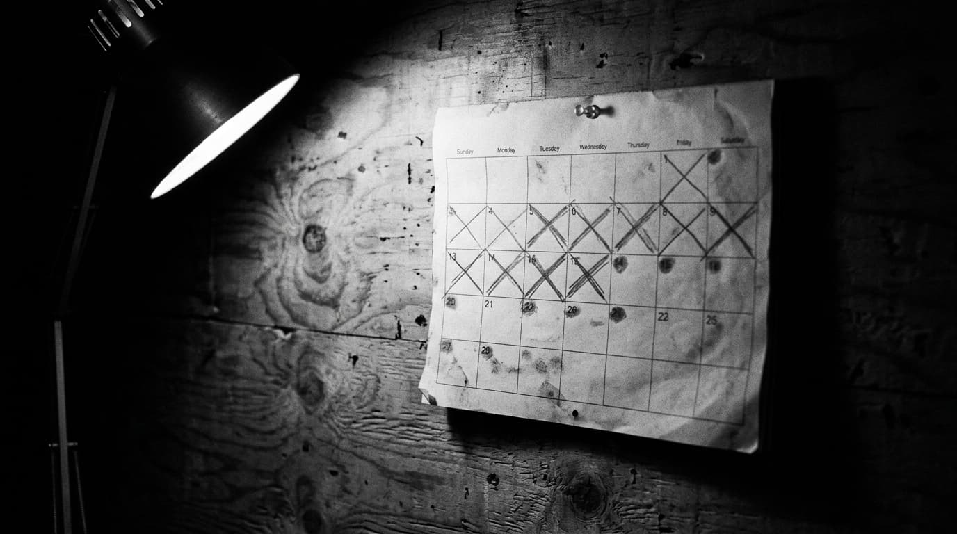 Calendário de estaleiro com dias assinalados a lápis, iluminado por um foco de trabalho