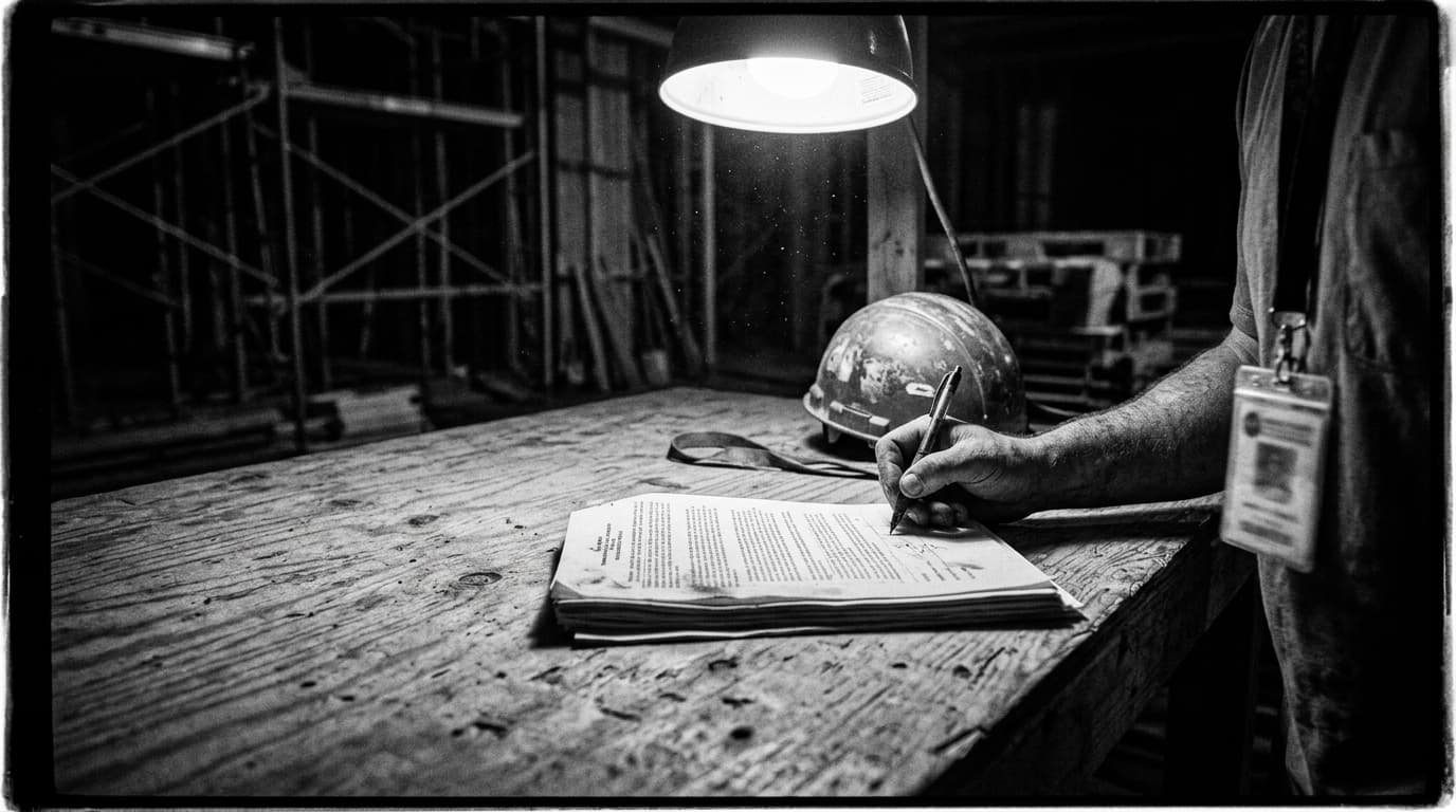 Trabalhador da construção civil a assinar um contrato de trabalho sobre uma mesa de madeira em obra, capacete ao lado