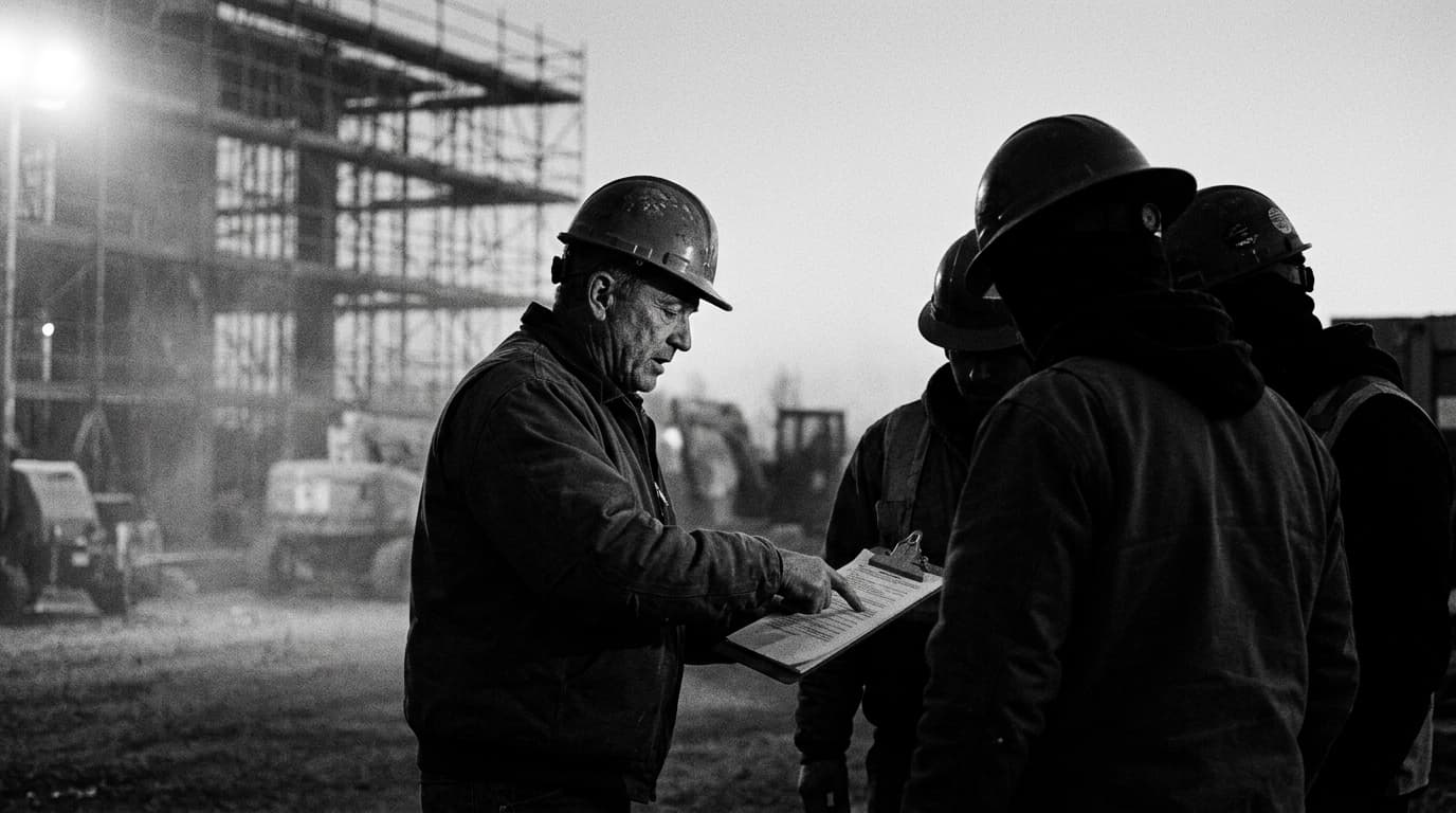 Encarregado a fazer o briefing diário de segurança com trabalhadores da construção civil junto ao estaleiro