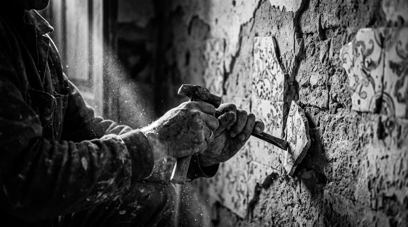Mãos de trabalhador a remover azulejos antigos de uma parede num edifício histórico português, poeira visível na luz lateral