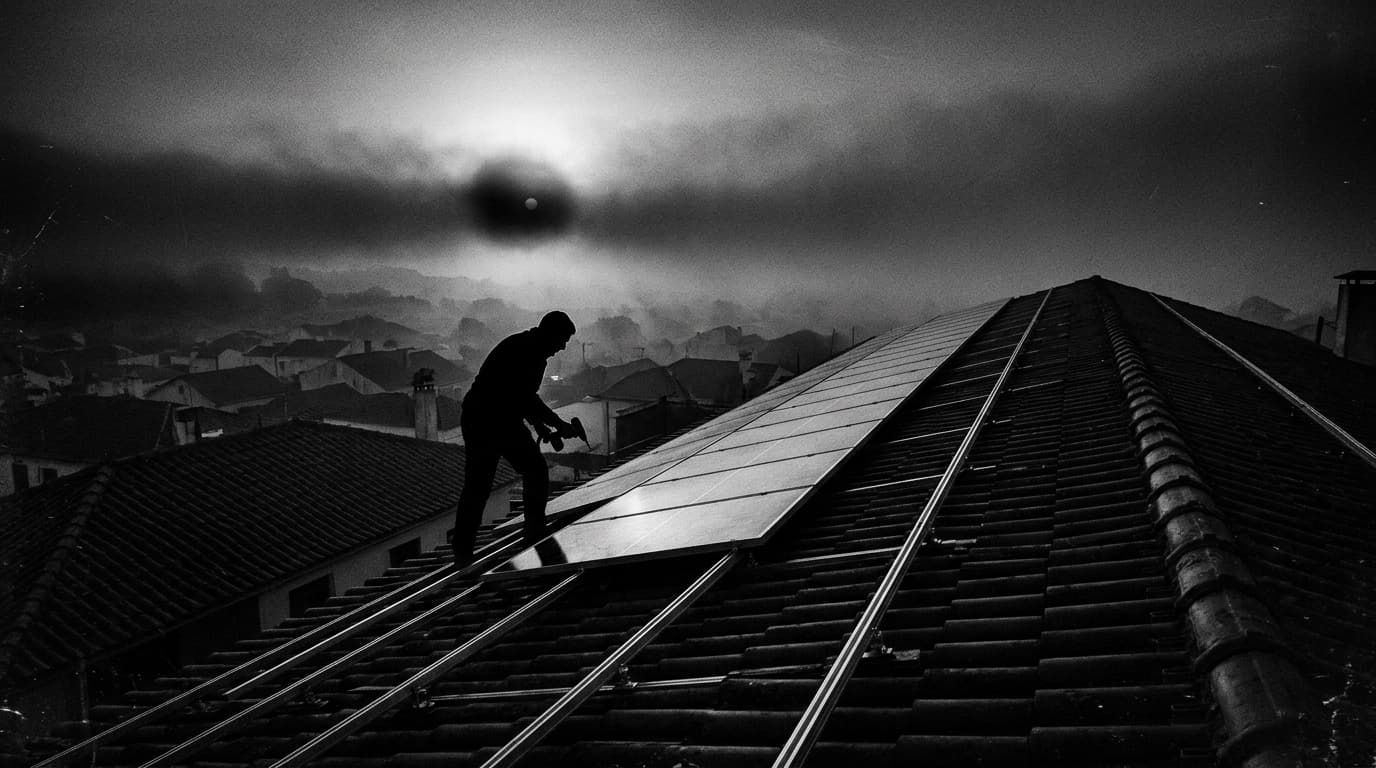 Silhueta de trabalhador a instalar painéis solares num telhado, contraluz dramático, telhados portugueses no nevoeiro