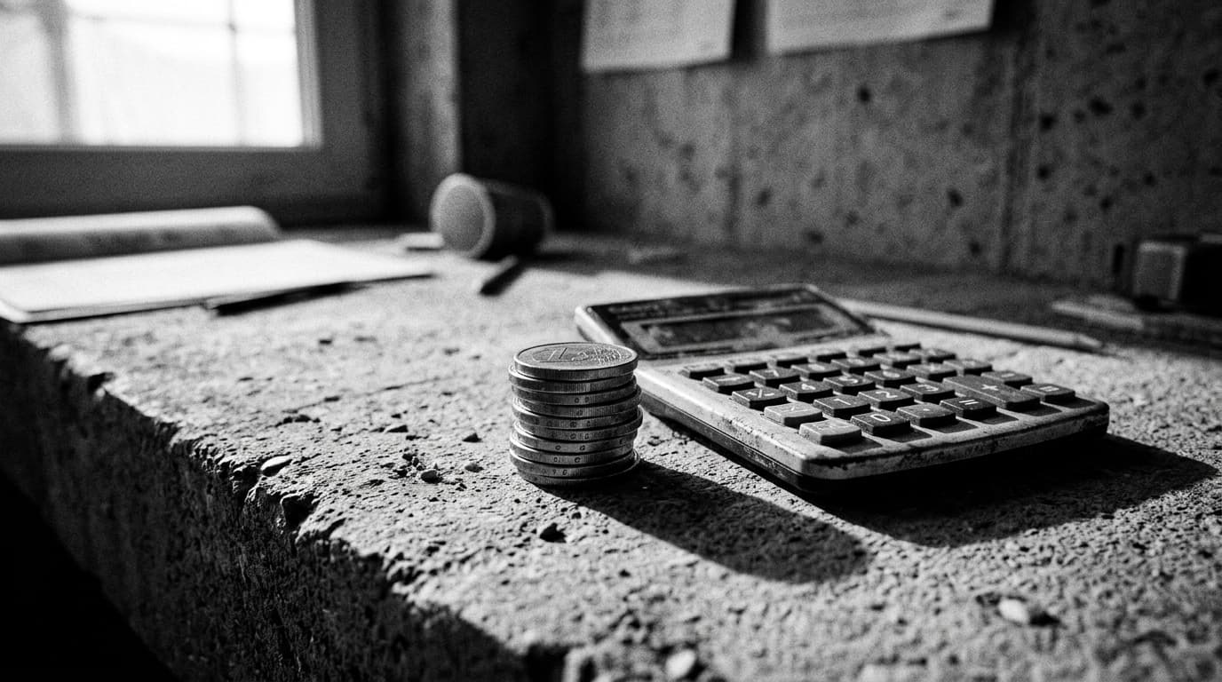 Moedas de euro empilhadas numa superfície de betão ao lado de uma calculadora gasta, sob luz lateral dramática
