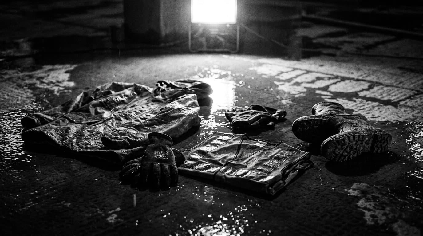 Equipamento de proteção individual para inverno — casaco impermeável, luvas térmicas, colete refletor e botas de segurança sobre chão molhado de betão